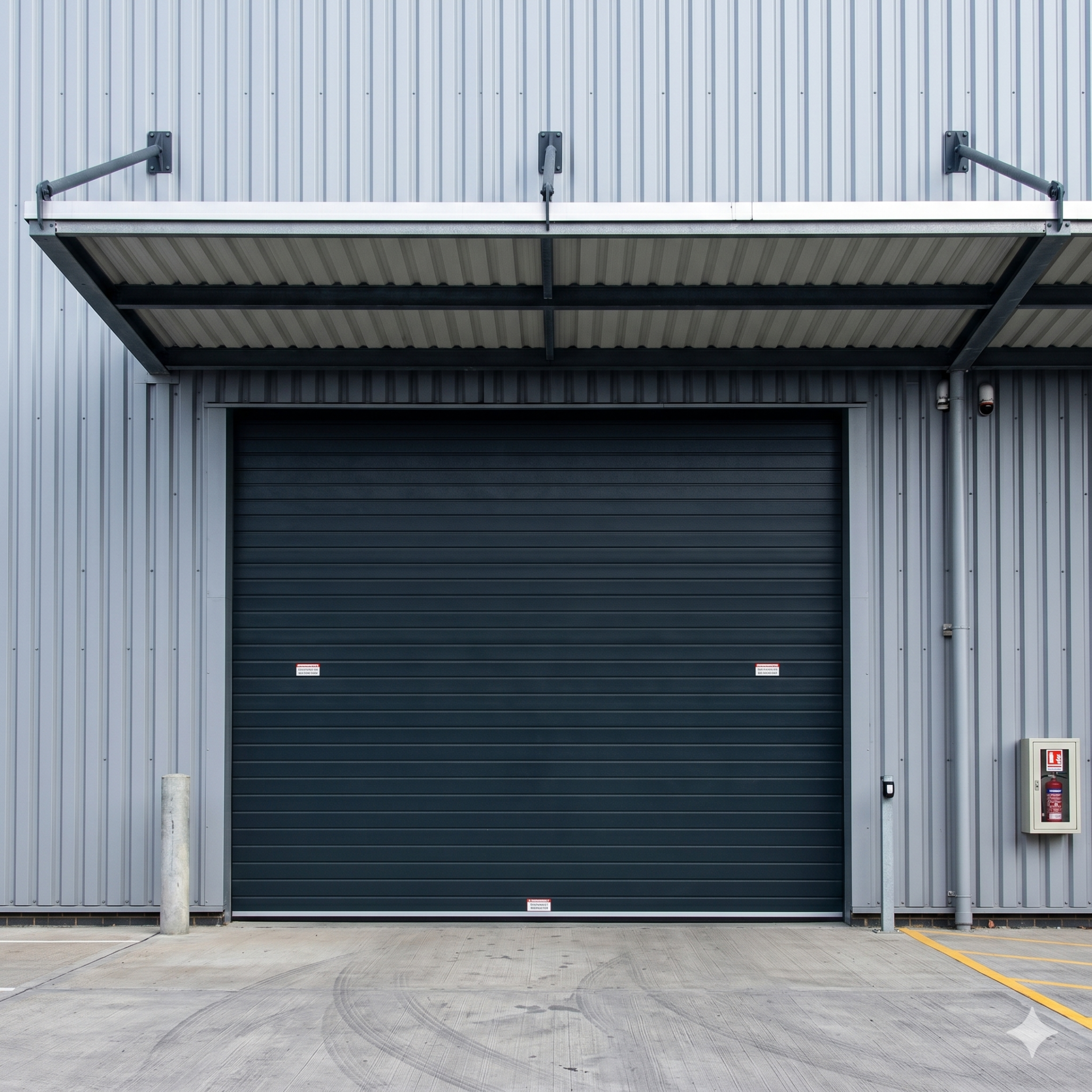 Large galvanised steel commercial roller shutter on an industrial unit